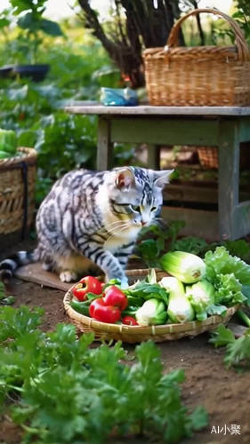 一只猫在菜园子里做饭切菜