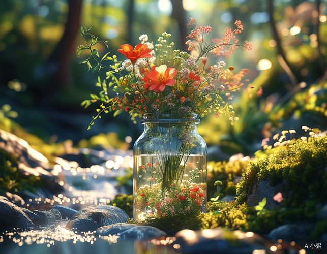 A glass bottle filled with flowers and plants, in a forest by a stream, bright light creates a dreamy scene with exquisite details and a symmetrical composition in the style of a movie poster design. The octane rendering results in high resolution hyperrealistic photography with high detail.