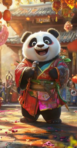 五彩斑斓舞台上的快乐熊猫展现个性魅力