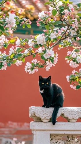 海棠花随风摇曳小猫打盹的古色古香画面