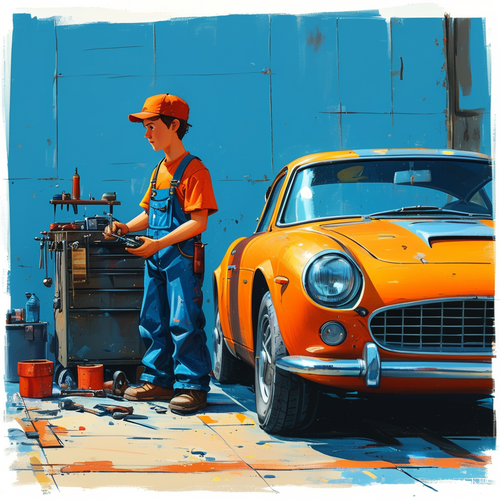 A student majoring in vehicles is repairing a car next to it,Simplified stroke style,Blue background