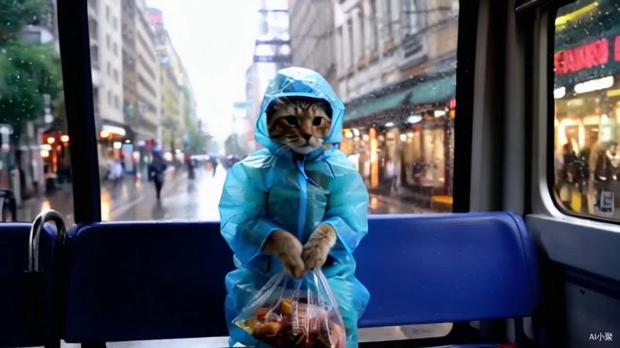 生成猫咪在大雨中穿着雨衣戴着头盔骑电车送外卖