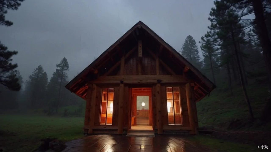 在一个木屋里 外面下着雨 周围有树