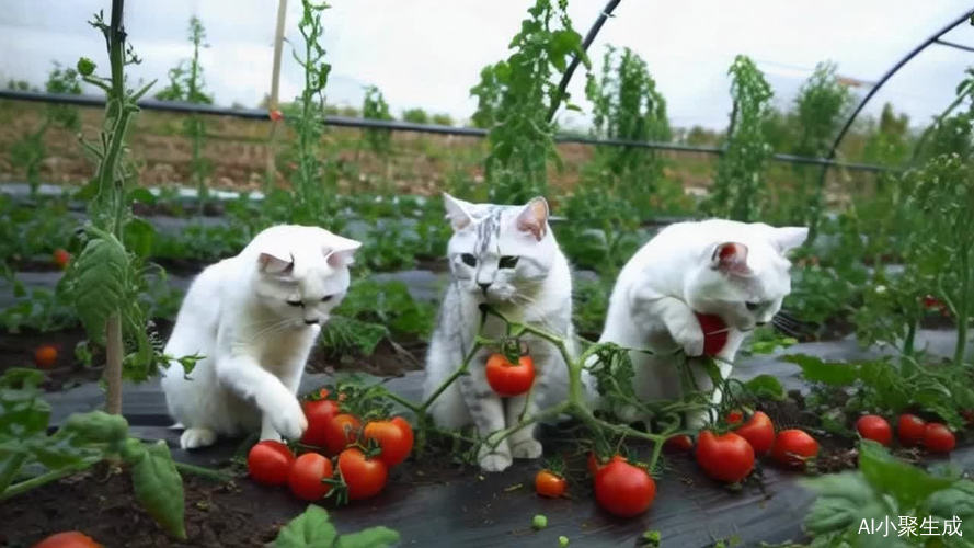 三只猫猫在菜地里摘西红柿
