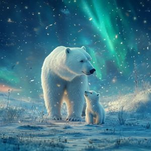北极熊与小熊共赏北极光与流星