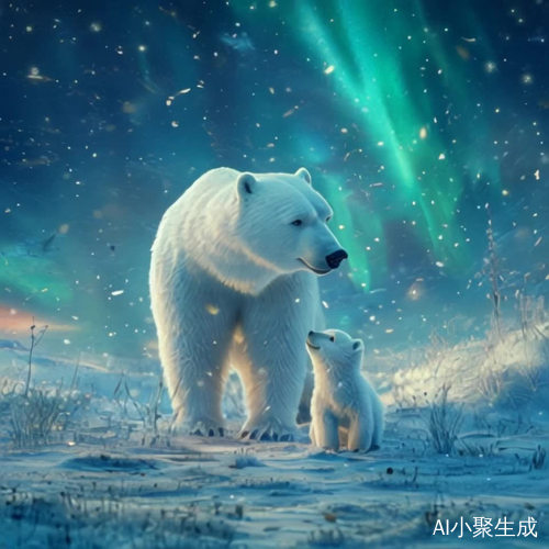 北极熊与小熊共赏北极光与流星