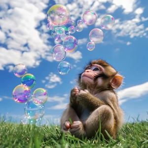 小猴子欣赏天空中的泡泡飞舞