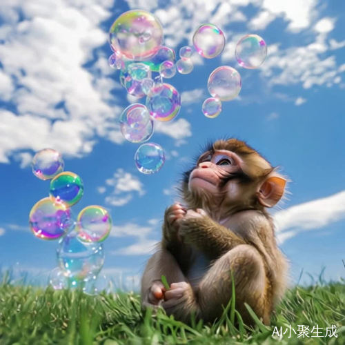 小猴子欣赏天空中的泡泡飞舞