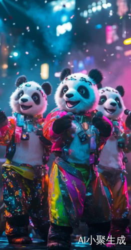 舞台上的三只炫彩大熊猫激情演唱流行音乐