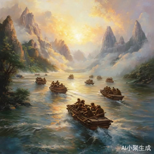 猴子们在划船朝夕阳航行