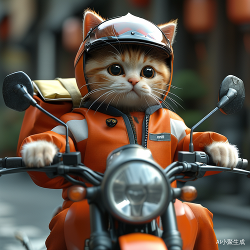 小猫外卖员骑摩托车送餐的趣味场景