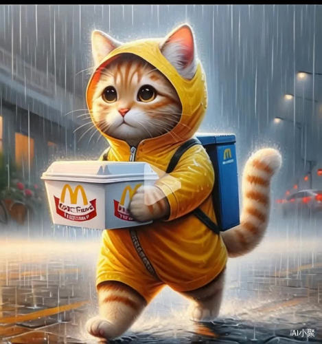 一只小猫在下雨天送外卖