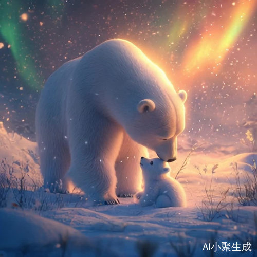 北极熊妈妈与宝宝亲昵互动的温馨瞬间