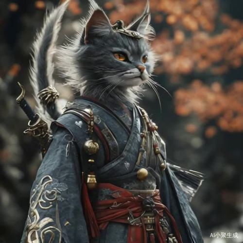 镜头慢慢推近，衣服随风舞动，猫武士随意看了旁边，然后眼睛紧盯着观众，轻微的呼吸着，尾巴上下动着，3D立体，国风，黑神话悟空风格，细节细腻，32k分辨率