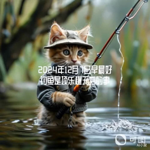 小猫穿着衣服带着冒子在河边钓鱼