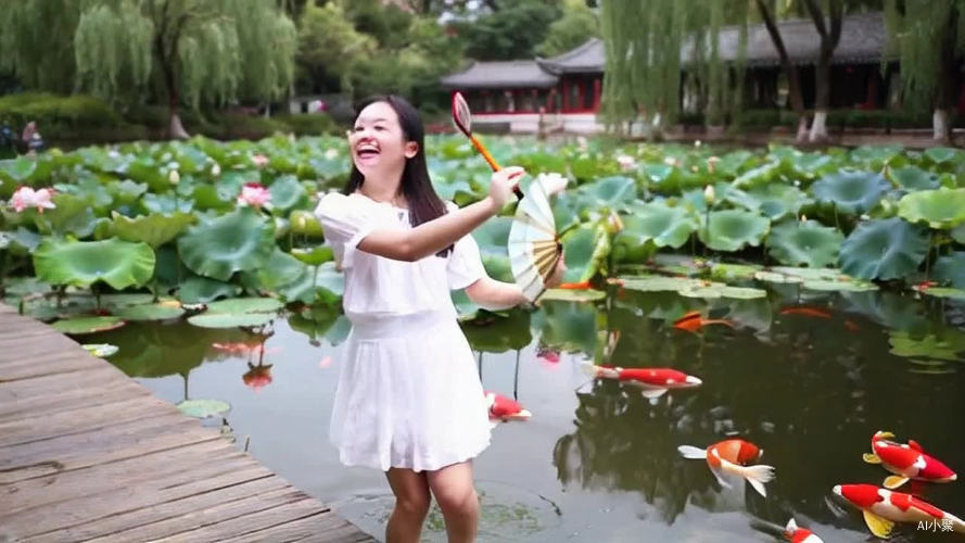 一个漂亮的女孩手里拿着扇子在开满荷花的公园的水池边上翩翩起舞引得汁池里红锦鲤鱼查色的锦鲤也跟着跃出水面争相和小姑娘比美