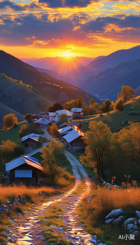 小山村，夕阳西下，落日余晖撒在山间小路上。