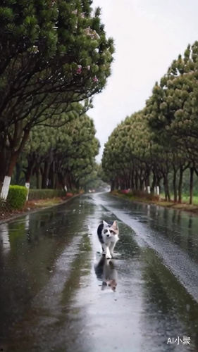 一只三花小猫，举着雨伞走在两旁有国槐树的路上，国槐花随风飘落，小猫看着雨滴，想起了妈妈！