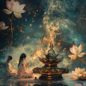 修行人沉香炉祈福烟雾缭绕星光闪烁荷花盛开