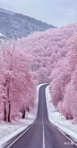 一条大路，路的两边是浪漫的粉色雾凇雪景，好漂亮，有一辆小车向前方开，镜头朝着公路前走，有雪花飘落