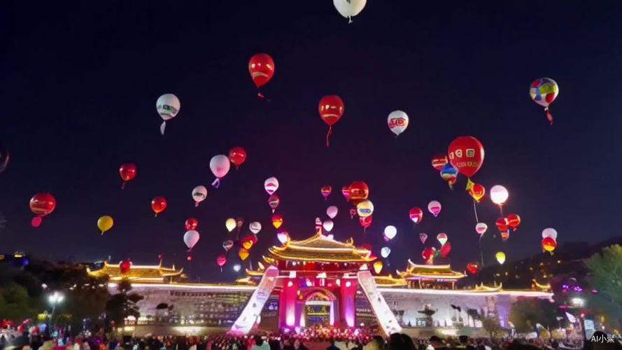 请看解放碑的跨年夜，五艳六色汽球飞满天空。