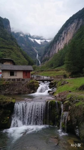 一间小屋，屋后是群山，，山上有瀑布，小桥流水，一少女在小溪旁洗衣