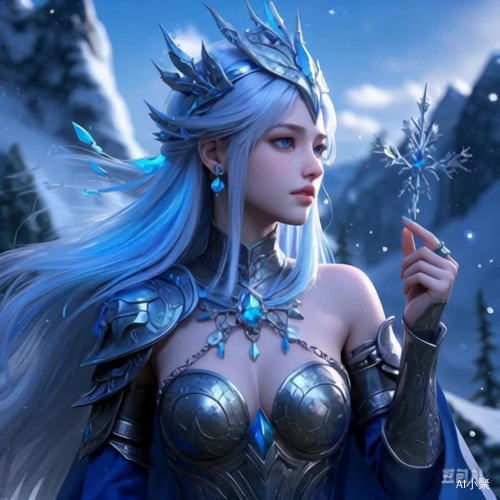 冰雪女神使用魔法在冰天雪地中飞舞