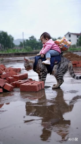 一只猫背着孩子，穿着破旧的衣裳，在工地里淋着雨搬砖