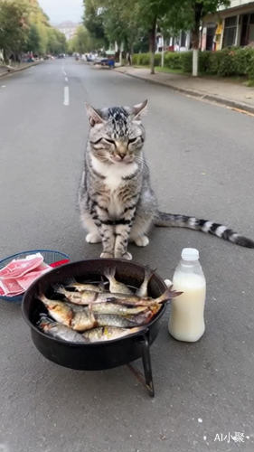 一只猫妈妈在小河边捉鱼，捉了很多鱼，它把鱼背到小镇的街上，架起烧烤架，开始卖烤鱼，烤鱼香气四溢，大家都停下来买它的鱼，它把鱼卖完了，爪子里捏着一大把钱，走到街上商店里买了瓶牛奶，回到家把牛奶给了猫宝宝喝，猫宝宝开心地喝了起来，过了一会，猫宝宝喝完了，开心地笑了，猫妈妈慈爱地望着它。