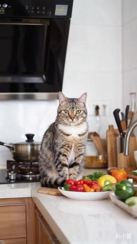 一只猫在明亮的厨房里切菜