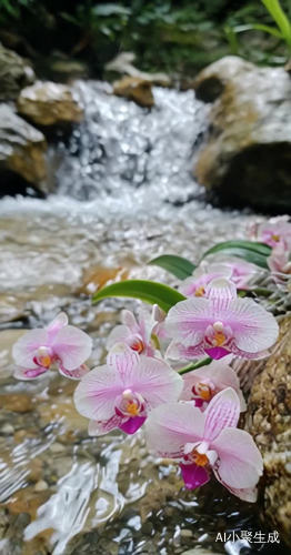 溪水流动，风吹动花摇摆，画面自动移动