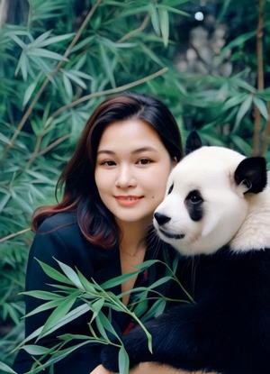 女人与熊猫亲密互动的温馨瞬间