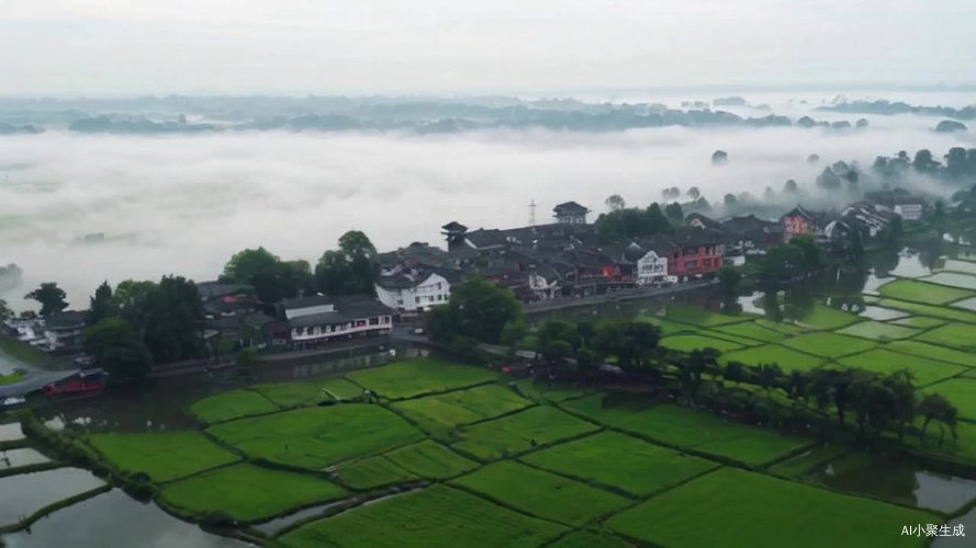 江南水乡远景，细雨如丝，葱郁稻田，朦胧烟雨氛围，整体色调清新淡雅，稻田呈现大面积绿色，烟雨用淡灰色雾气表现。