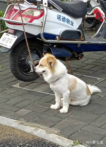 小狗狗在花园看护主人摩托车