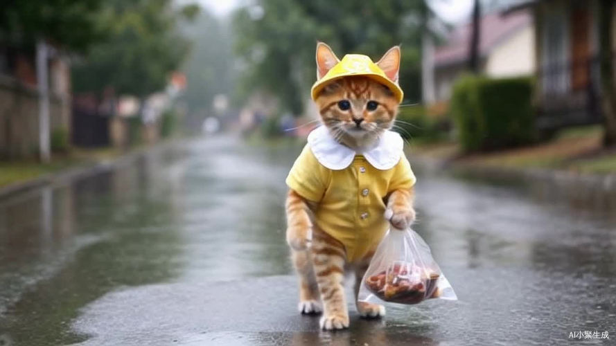 小猫咪穿着黄色衣服在送外卖，是在下雨天