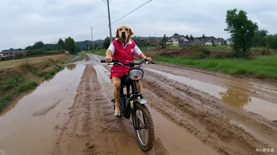 一只身穿外卖衣服的大金毛狗 骑着电动车 奔波在泥泞的道路