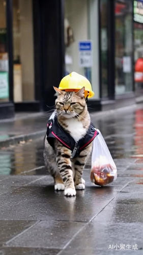 在街上。一个猫咪穿着送餐服。带着头盔。下着雨在送外卖，