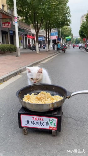 小猫在街边卖炒饭，它举着牌子上写着两元一份，随后小猫在做炒饭，香喷喷的气味吸引了很多人来购买，小猫卖完炒饭后就骑车回家了