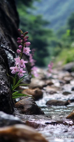 花被风吹动，溪水流动