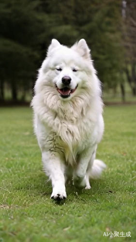 洁白漂亮的萨摩耶犬欢快跳跃前行