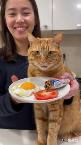 一个橘猫在家里做饭做了西红柿炒蛋主人奖励他一个猫条和一个罐头，橘猫非常开心