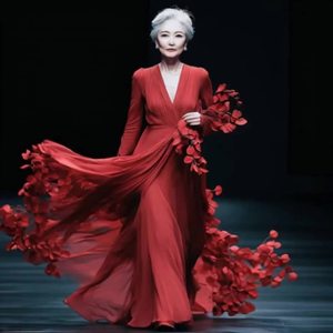 优雅中年女性在T台上漫步吸引观众目光