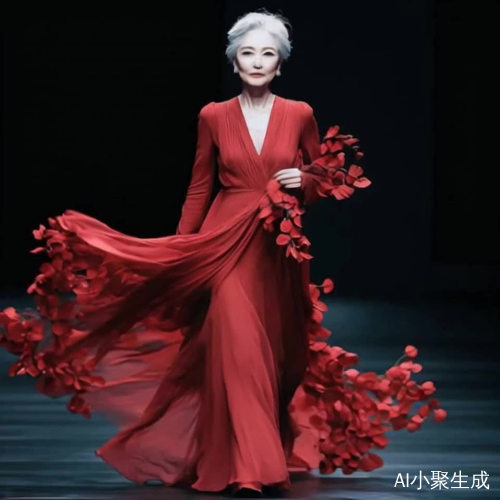 优雅中年女性在T台上漫步吸引观众目光