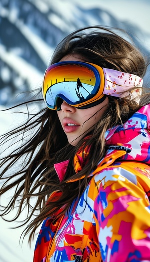 滑雪场披肩长发女孩穿艳丽滑雪服带风镜