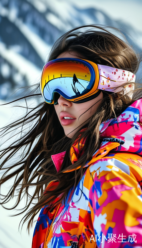 滑雪场披肩长发女孩穿艳丽滑雪服带风镜