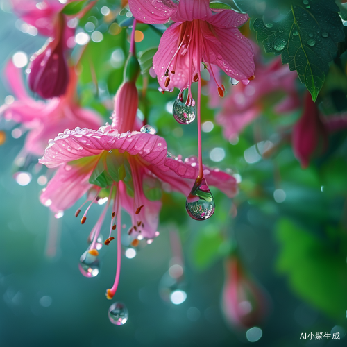 A photograph of pink and green hanging flowers with water droplets on them, beautiful, dreamy, fantastical, high-definition photography in the style of [unknown artist