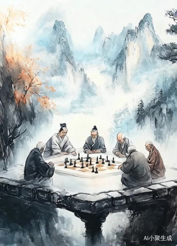 云雾缭绕，老人都在下棋