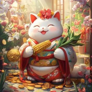 拟人化招财猫传统和服手持玉米棒的温暖庭院场景