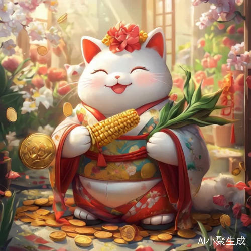 拟人化招财猫传统和服手持玉米棒的温暖庭院场景