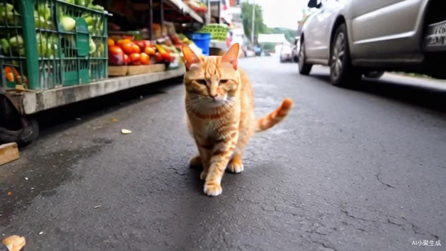 给我生成一个一只小橘猫，在菜市场走着路买菜，然后他拿着菜在路上走着，然后小橘猫拿刀切菜的视频，然后。小橘猫拿着锅铲炒菜的视频，然后小橘猫很满意的看着自己的菜，然后吃了几口